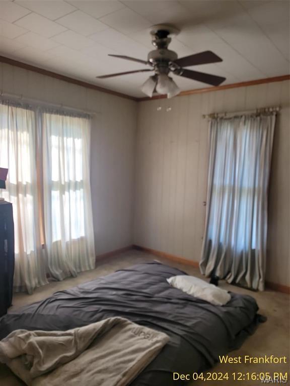 1415 E Oak St, West Frankfort, IL 62896 - carpeted bedroom featuring baseboards, ornamental molding, wood walls, and a ceiling fan