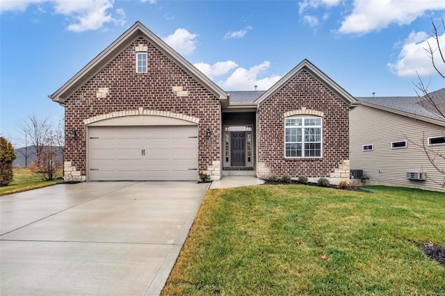 ranch-style home with brick siding, concrete driveway, a front lawn, and a garage