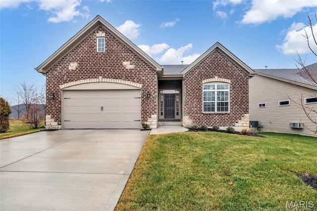 201 Keaton Woods Dr, Ofallon, MO 63368 - ranch-style home featuring brick siding, concrete driveway, a front yard, and a garage