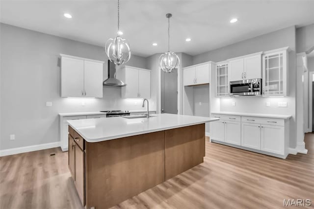 201 Keaton Woods Dr, Ofallon, MO 63368 - kitchen with stainless steel appliances, wall chimney range hood, a sink, light wood-style flooring, and light countertops