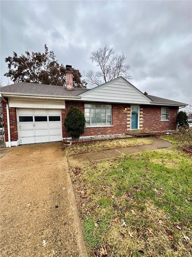 4828 Reavis Barracks Rd, Saint Louis, MO 63123 - ranch-style house with a chimney, brick siding, a garage, and driveway
