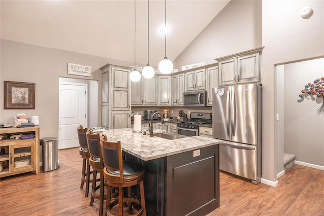 kitchen with stainless steel appliances, a sink, wood finished floors, a kitchen breakfast bar, and high vaulted ceiling