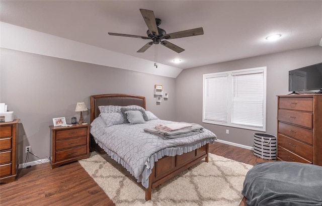 bedroom featuring baseboards, dark wood-style floors, vaulted ceiling, ceiling fan, and recessed lighting