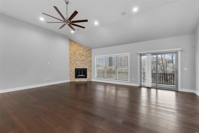 1661 Helmsdale Cpe, Girardeau, MO 63701 - unfurnished living room with ceiling fan, high vaulted ceiling, wood-type flooring, a fireplace, and baseboards