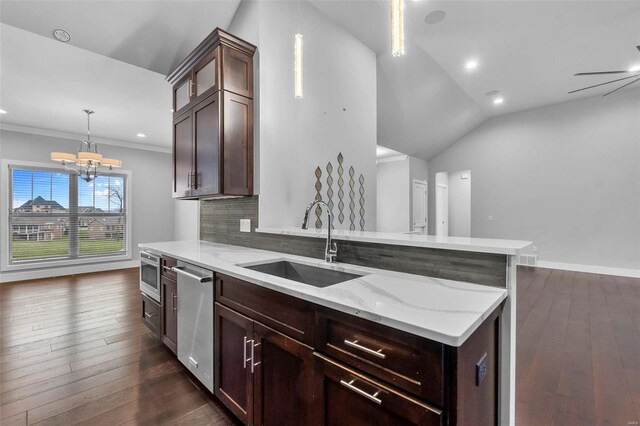 1661 Helmsdale Cpe, Girardeau, MO 63701 - kitchen with dishwasher, a sink, a peninsula, a chandelier, and dark wood-style floors