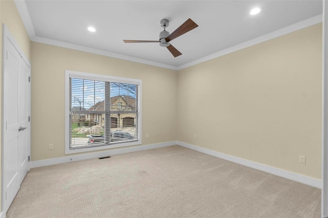 1661 Helmsdale Cpe, Girardeau, MO 63701 - unfurnished room with a ceiling fan, crown molding, light colored carpet, recessed lighting, and baseboards
