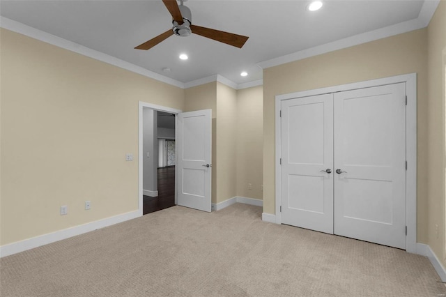 1661 Helmsdale Cpe, Girardeau, MO 63701 - unfurnished bedroom with ornamental molding, light carpet, baseboards, recessed lighting, and a closet