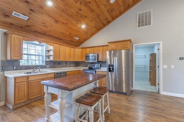 14178 E US Highway 60, Van Buren, MO 63965 - kitchen with stainless steel appliances, wood counters, a sink, wooden ceiling, and backsplash