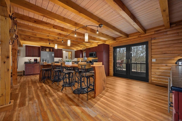 7467 Walshville Trl, Hillsboro, IL 62049 - bar with french doors, stainless steel appliances, wooden ceiling, light wood-style flooring, and beam ceiling