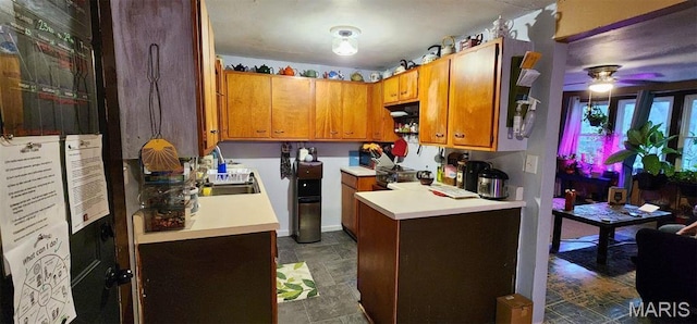300 S Oak St, Salem, MO 65560 - kitchen with ceiling fan, light countertops, brown cabinets, and a sink