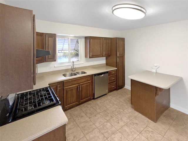 6448 Clifton Hills Dr, Saint Louis, MO 63139 - kitchen with a sink, dishwasher, light countertops, under cabinet range hood, and light tile patterned flooring