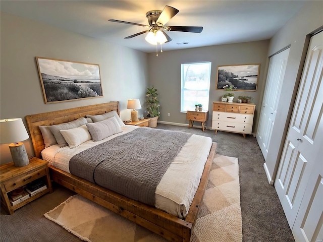 344 Rolling Knoll Rd, Washington, MO 63090 - bedroom with multiple closets, carpet flooring, ceiling fan, and baseboards