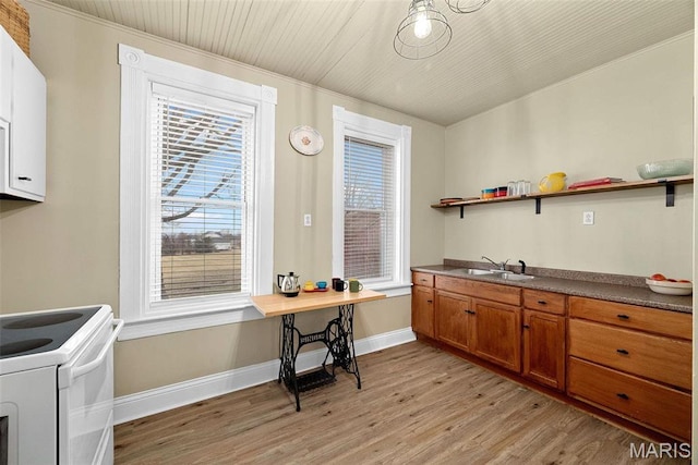 16683 Mill Rd, Marthasville, MO 63357 - kitchen featuring light wood-style flooring, white range with electric stovetop, brown cabinets, open shelves, and dark countertops