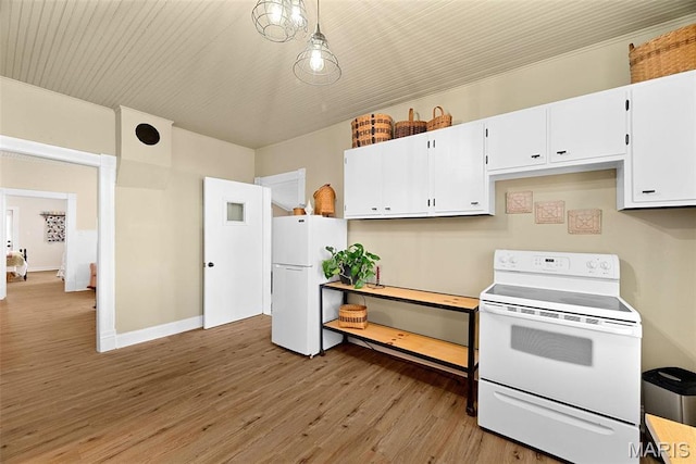 16683 Mill Rd, Marthasville, MO 63357 - kitchen featuring white appliances, light wood-style floors, and white cabinetry