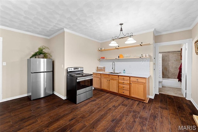 16683 Mill Rd, Marthasville, MO 63357 - kitchen with appliances with stainless steel finishes, open shelves, dark wood-style flooring, light countertops, and crown molding