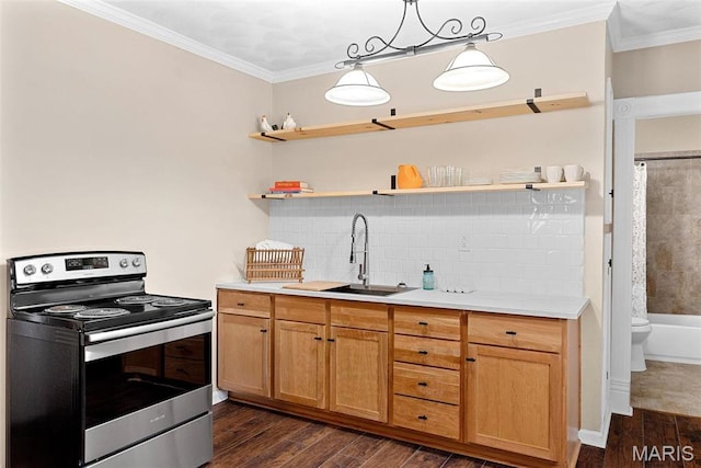 16683 Mill Rd, Marthasville, MO 63357 - kitchen featuring electric stove, dark wood finished floors, open shelves, light countertops, and backsplash