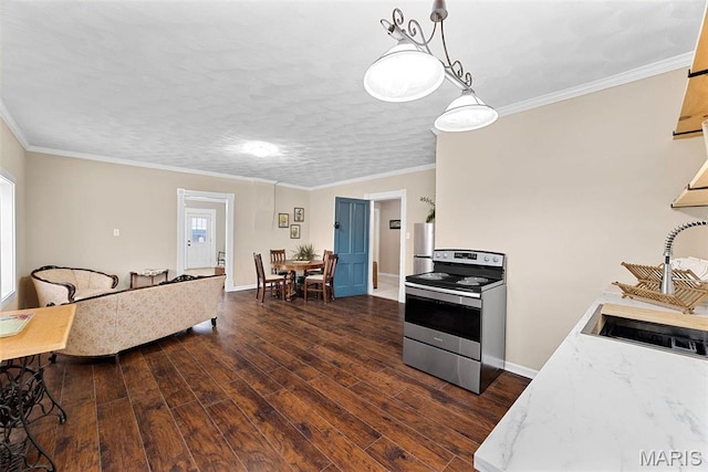 16683 Mill Rd, Marthasville, MO 63357 - kitchen featuring stainless steel appliances, dark wood finished floors, crown molding, and pendant lighting