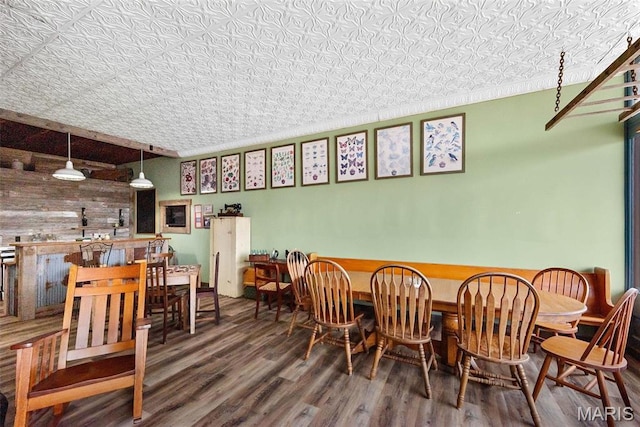 16683 Mill Rd, Marthasville, MO 63357 - dining room with an ornate ceiling, wood finished floors, and wooden walls