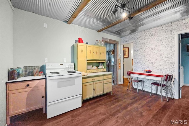 16683 Mill Rd, Marthasville, MO 63357 - kitchen featuring white range with electric cooktop, beamed ceiling, dark wood-type flooring, and light countertops