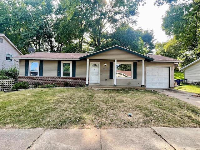 12065 El Camara Dr, Florissant, MO 63033 - ranch-style home featuring an attached garage, concrete driveway, a porch, a front yard, and brick siding