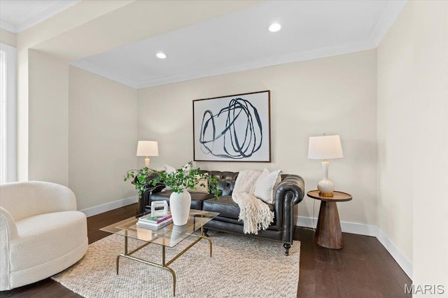 1824 Topping Rd, Saint Louis, MO 63131 - living room with wood finished floors, baseboards, recessed lighting, and ornamental molding