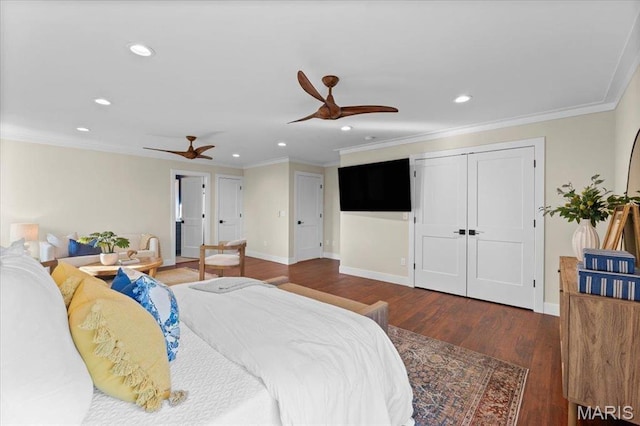 1824 Topping Rd, Saint Louis, MO 63131 - bedroom featuring recessed lighting, baseboards, wood finished floors, crown molding, and ceiling fan