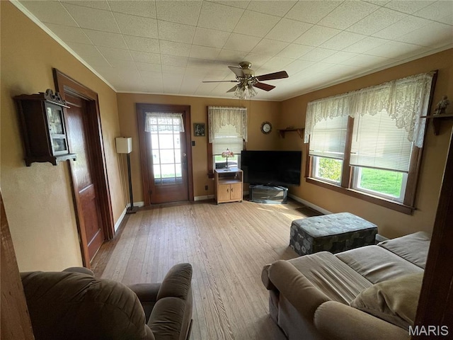 101 Cass St, Waterloo, IL 62298 - living area with ornamental molding, wood-type flooring, a ceiling fan, and baseboards