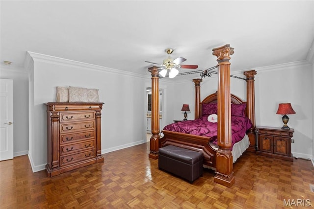bedroom with ornamental molding, baseboards, and ceiling fan