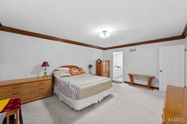 bedroom with ornamental molding, light colored carpet, connected bathroom, and baseboards