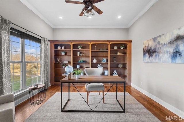244 US Dr, Wentzville, MO 63385 - office with a ceiling fan, baseboards, ornamental molding, wood finished floors, and recessed lighting