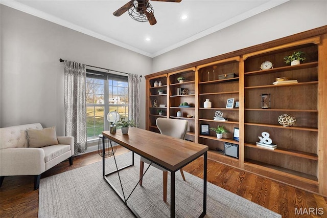 244 US Dr, Wentzville, MO 63385 - office with a ceiling fan, ornamental molding, wood finished floors, and recessed lighting