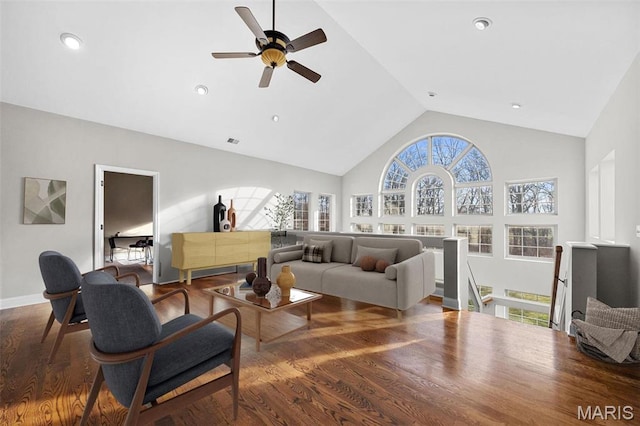 244 US Dr, Wentzville, MO 63385 - living room featuring ceiling fan, wood finished floors, high vaulted ceiling, baseboards, and recessed lighting