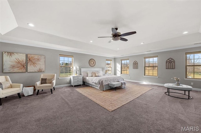244 US Dr, Wentzville, MO 63385 - bedroom featuring carpet floors, baseboards, a raised ceiling, recessed lighting, and ceiling fan