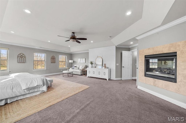 244 US Dr, Wentzville, MO 63385 - bedroom featuring ornamental molding, recessed lighting, carpet floors, baseboards, and a tiled fireplace