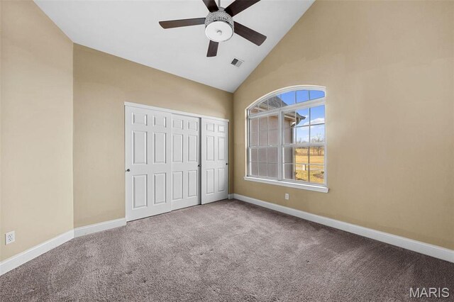244 US Dr, Wentzville, MO 63385 - unfurnished bedroom with high vaulted ceiling, baseboards, carpet, a closet, and a ceiling fan