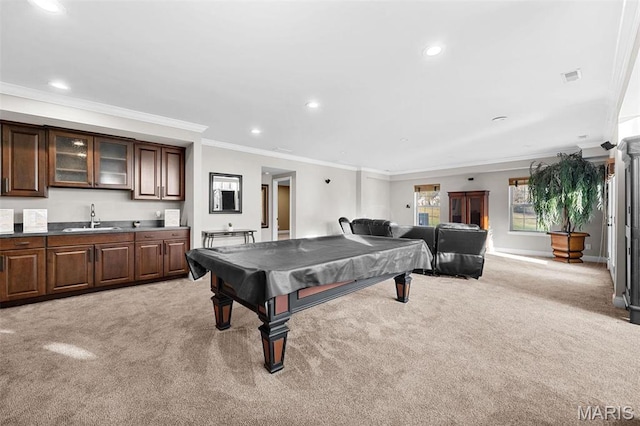 244 US Dr, Wentzville, MO 63385 - playroom featuring light carpet, billiards table, recessed lighting, ornamental molding, and bar with sink