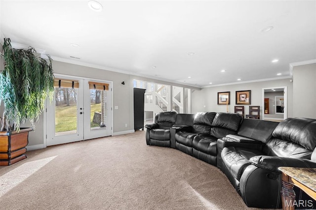 244 US Dr, Wentzville, MO 63385 - carpeted living room with french doors, baseboards, stairway, recessed lighting, and ornamental molding