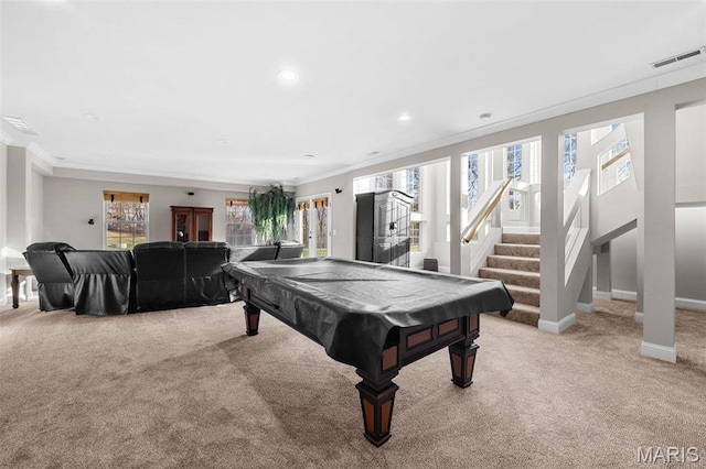 244 US Dr, Wentzville, MO 63385 - playroom with carpet flooring, crown molding, billiards table, baseboards, and recessed lighting