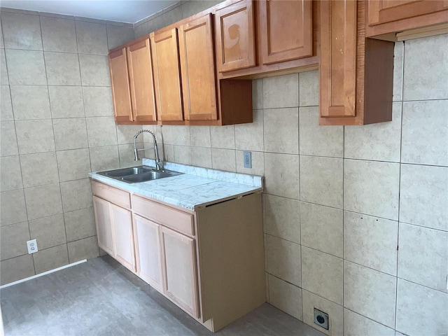 6817 Gravois Ave, Saint Louis, MO 63116 - kitchen featuring a sink, tile walls, and light countertops