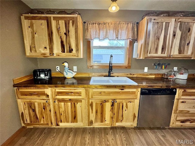 301 W Summer St, Monroe City, MO 63456 - kitchen featuring stainless steel dishwasher, a sink, wood finished floors, and dark countertops