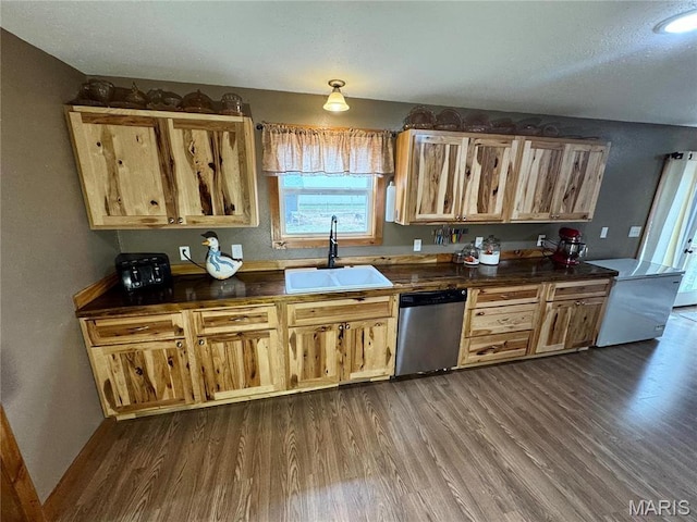 301 W Summer St, Monroe City, MO 63456 - kitchen with a sink, stainless steel dishwasher, dark wood finished floors, and dark countertops
