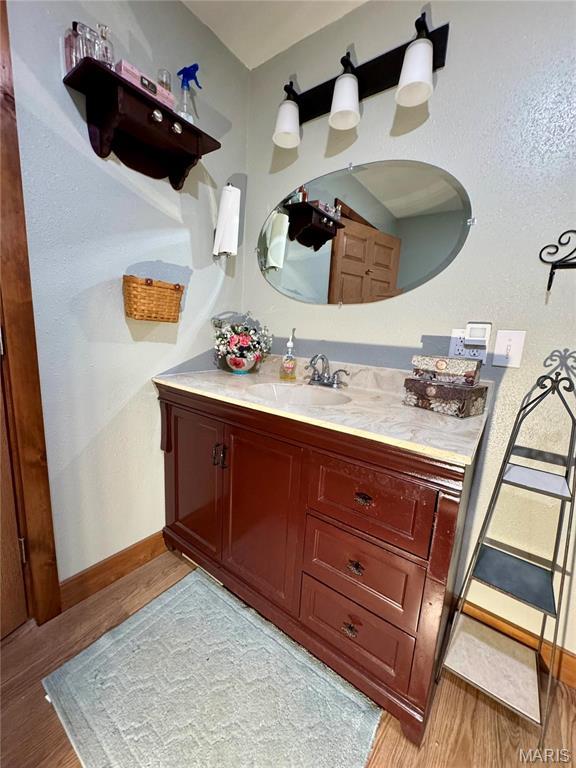 301 W Summer St, Monroe City, MO 63456 - bathroom with wood finished floors, vanity, and baseboards