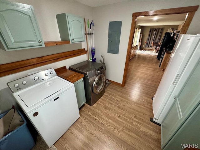 301 W Summer St, Monroe City, MO 63456 - washroom featuring electric panel, cabinet space, light wood-type flooring, and baseboards