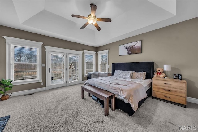 2942 Eagle Pointe Dr, Wentzville, MO 63385 - bedroom featuring access to outside, a tray ceiling, carpet, and multiple windows