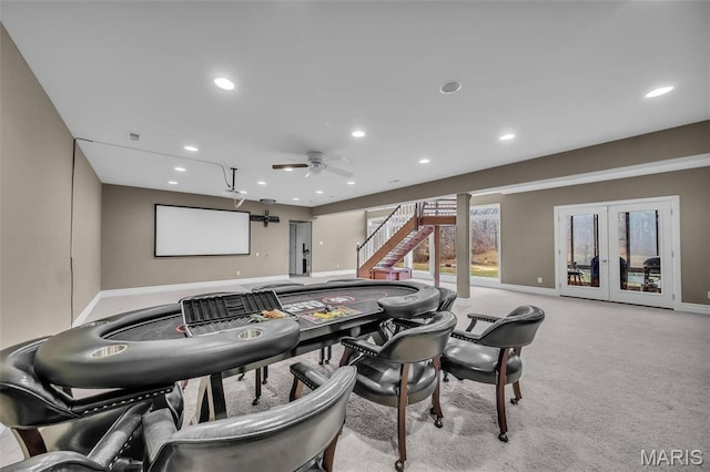 2942 Eagle Pointe Dr, Wentzville, MO 63385 - cinema featuring a ceiling fan, recessed lighting, light colored carpet, and french doors