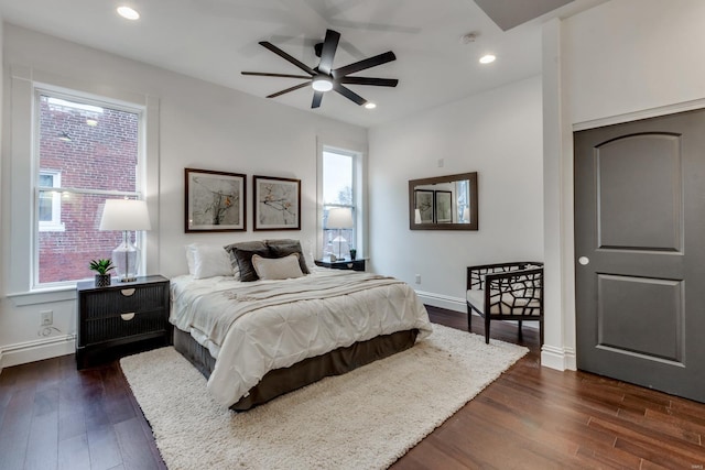 1029 Lami, Saint Louis, MO 63104 - bedroom with dark wood-style floors, baseboards, recessed lighting, and ceiling fan