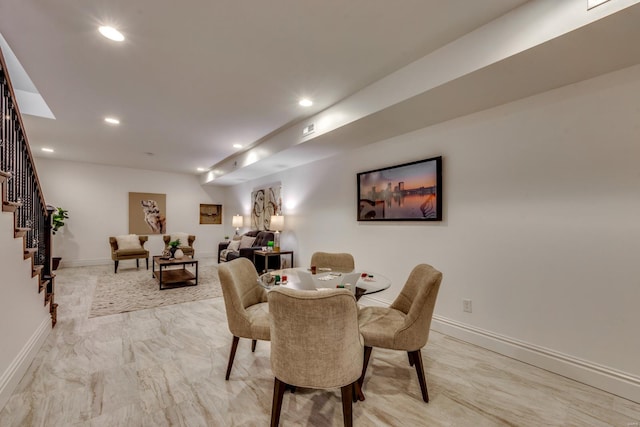 1029 Lami, Saint Louis, MO 63104 - dining room with stairs, baseboards, light marble finish flooring, and recessed lighting