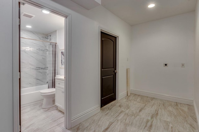 1029 Lami, Saint Louis, MO 63104 - bathroom with vanity,  shower combination, baseboards, toilet, and recessed lighting