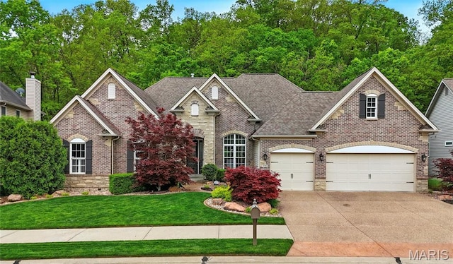 view of front of house featuring brick siding, driveway, an attached garage, a front lawn, and a shingled roof