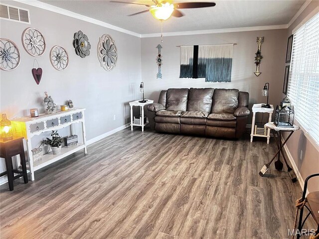 1034 Port Perry Dr, Perryville, MO 63775 - living room with ceiling fan, wood finished floors, baseboards, and ornamental molding